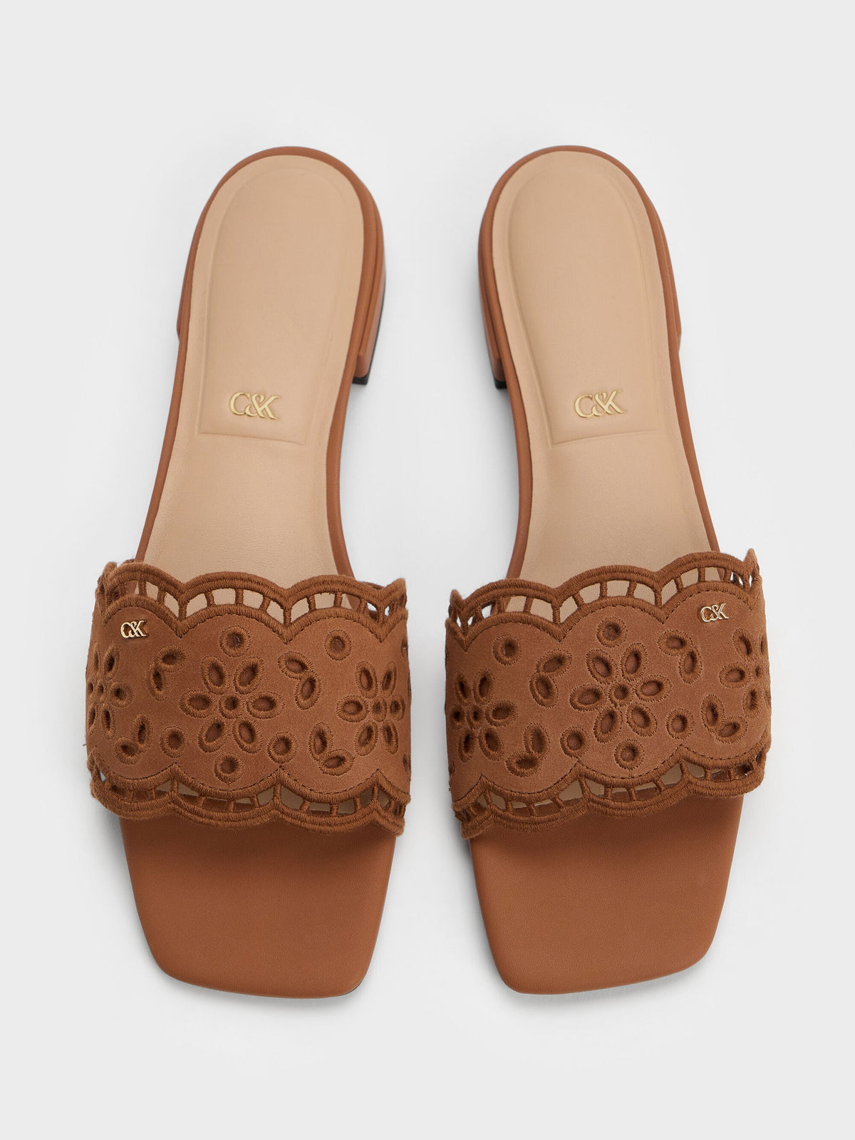 CHARLES & KEITH Deals / Leather Embroidered Slide Sandals - Cognac
