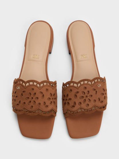 CHARLES & KEITH Deals / Leather Embroidered Slide Sandals - Cognac