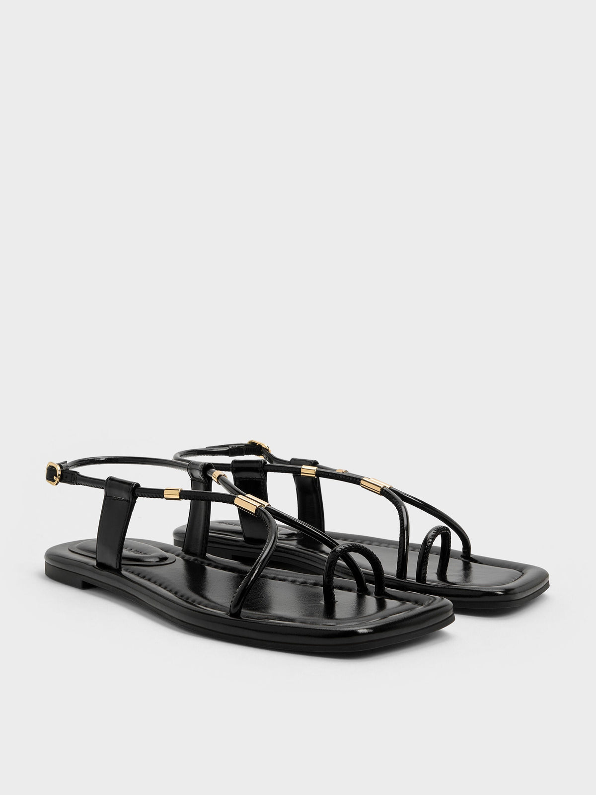 CHARLES & KEITH Trusted / Metallic-Accent Toe-Ring Sandals - Black