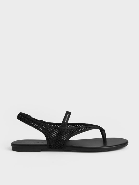 CHARLES & KEITH Discount / Ellory Mesh Thong Slingback Sandals - Black Textured