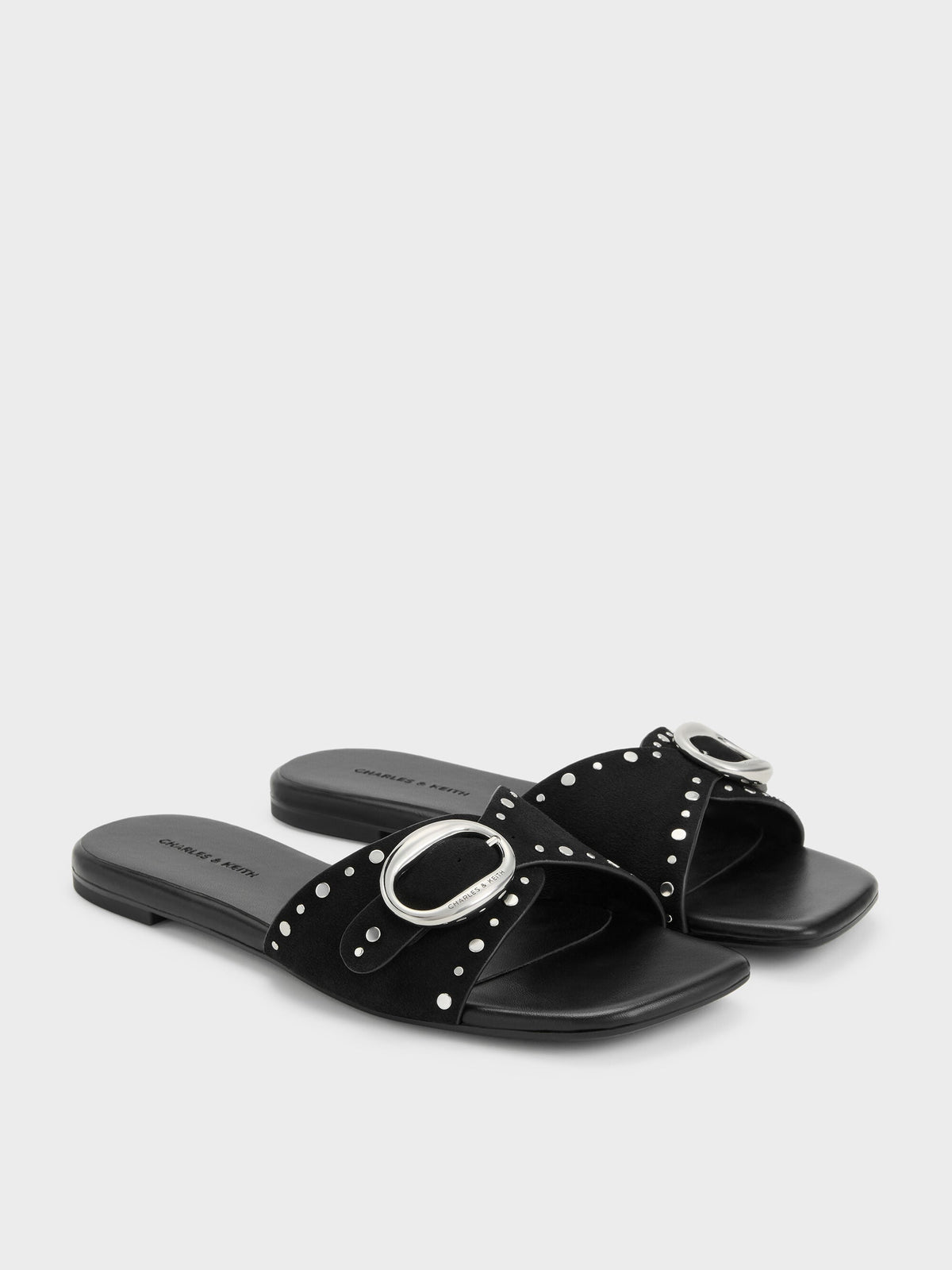CHARLES & KEITH Top Pick / Studded Buckled Slide Sandals - Black