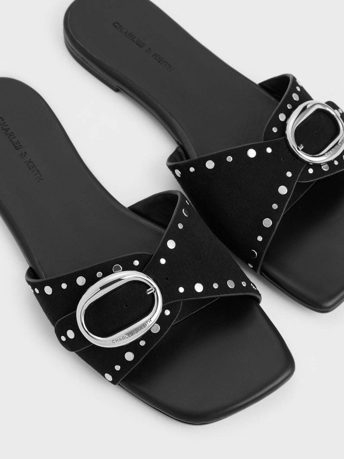 CHARLES & KEITH Top Pick / Studded Buckled Slide Sandals - Black