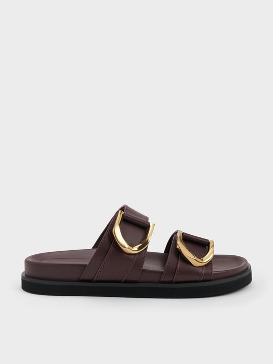 CHARLES & KEITH Recommended / Gabine Gold-Buckle Leather Slides - Plum