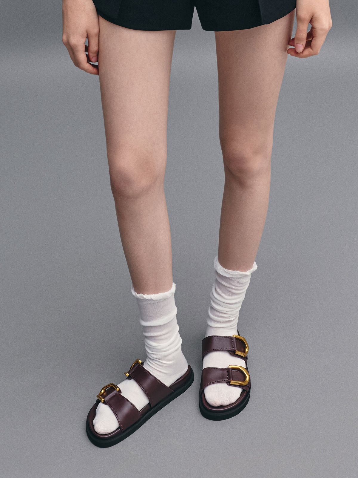 CHARLES & KEITH Recommended / Gabine Gold-Buckle Leather Slides - Plum