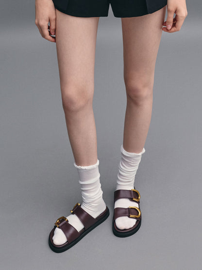 CHARLES & KEITH Recommended / Gabine Gold-Buckle Leather Slides - Plum