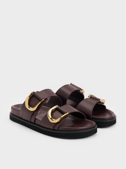 CHARLES & KEITH Recommended / Gabine Gold-Buckle Leather Slides - Plum