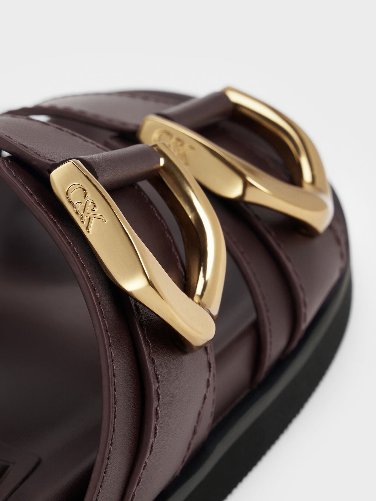 CHARLES & KEITH Recommended / Gabine Gold-Buckle Leather Slides - Plum