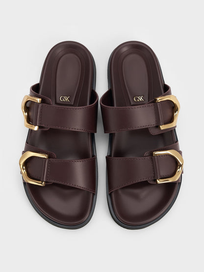 CHARLES & KEITH Recommended / Gabine Gold-Buckle Leather Slides - Plum
