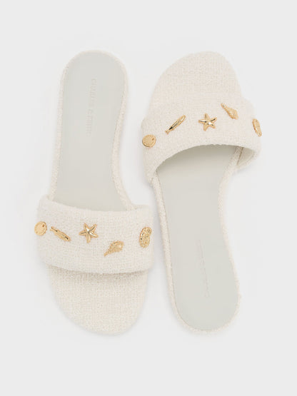 CHARLES & KEITH Best Seller / Tweed Beach Slide Sandals - Chalk