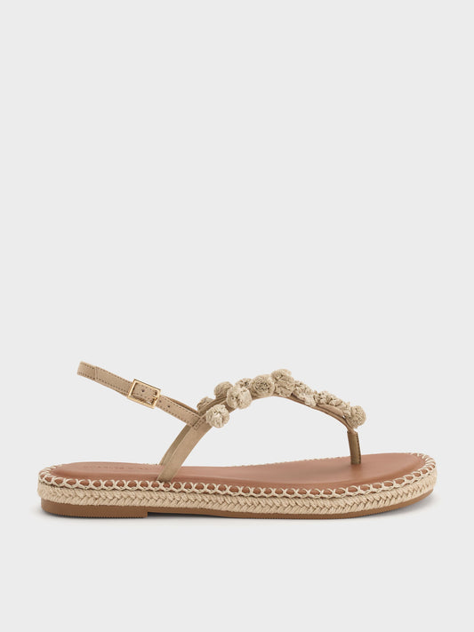 CHARLES & KEITH Discount / Faux Suede Flower Espadrille Thong Sandals - Sand