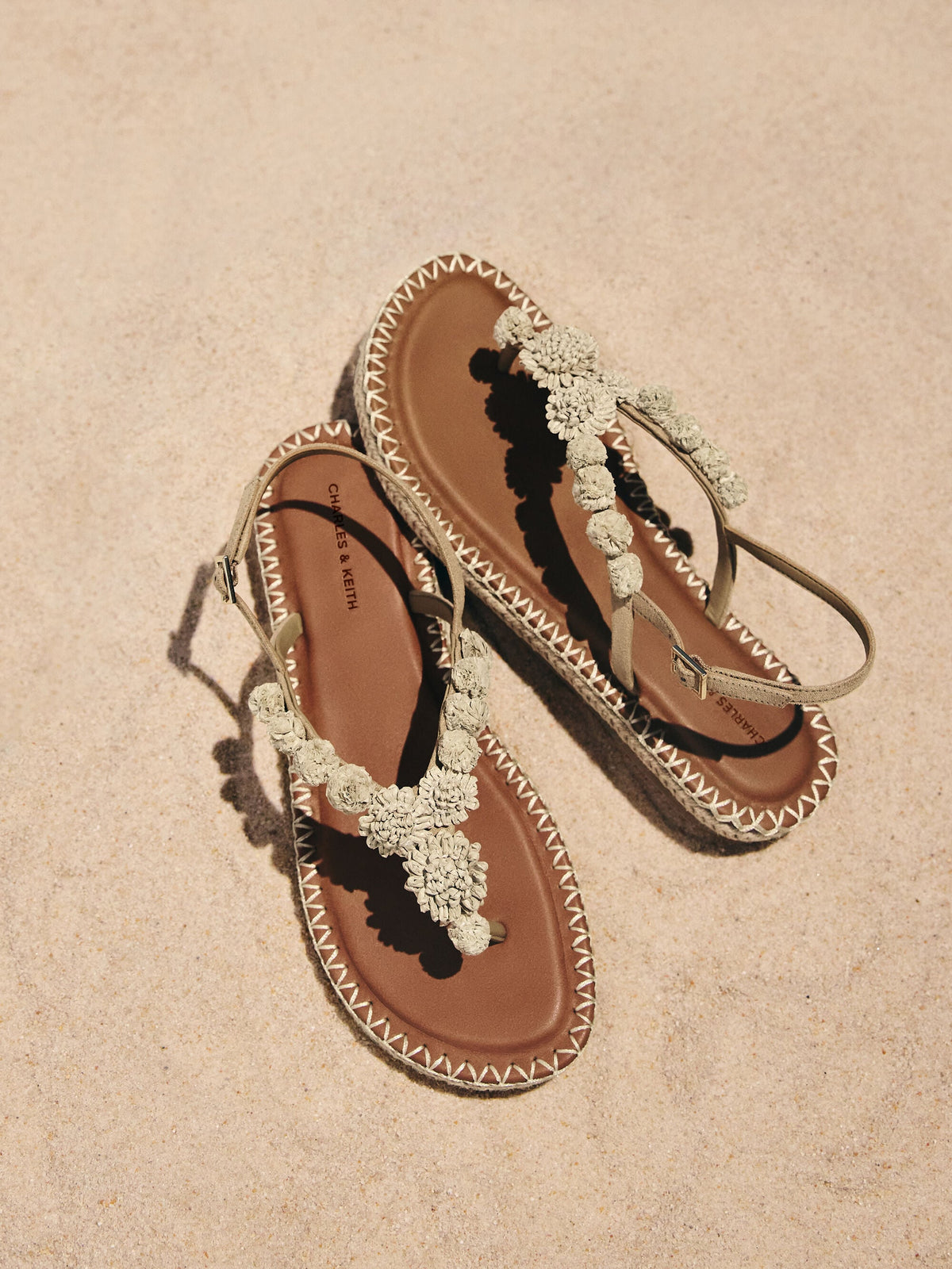 CHARLES & KEITH Discount / Faux Suede Flower Espadrille Thong Sandals - Sand