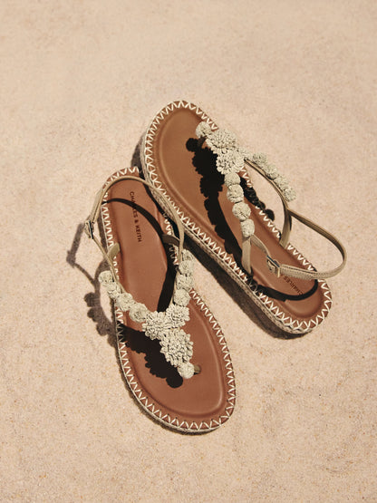 CHARLES & KEITH Discount / Faux Suede Flower Espadrille Thong Sandals - Sand