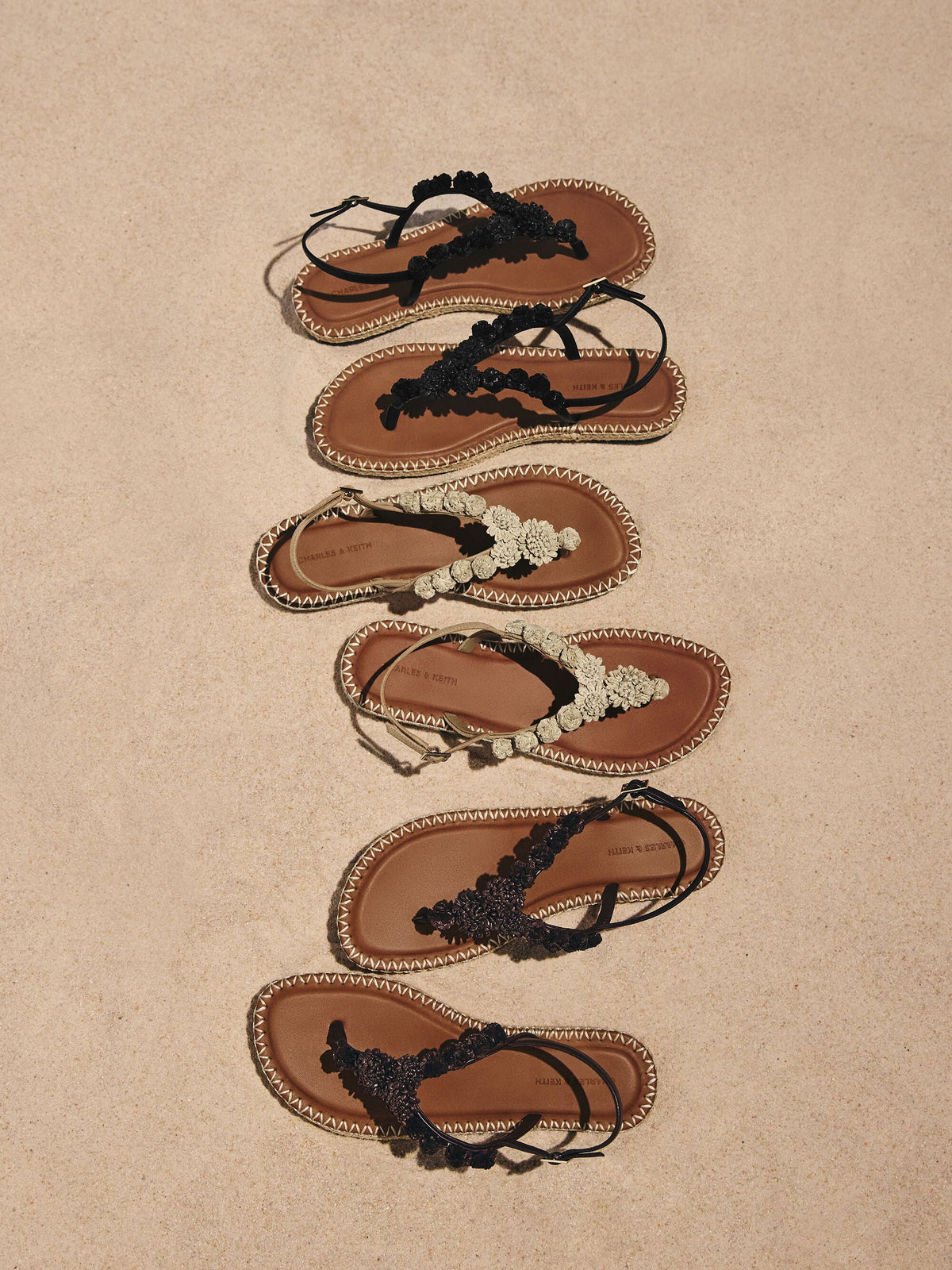 CHARLES & KEITH Discount / Faux Suede Flower Espadrille Thong Sandals - Sand
