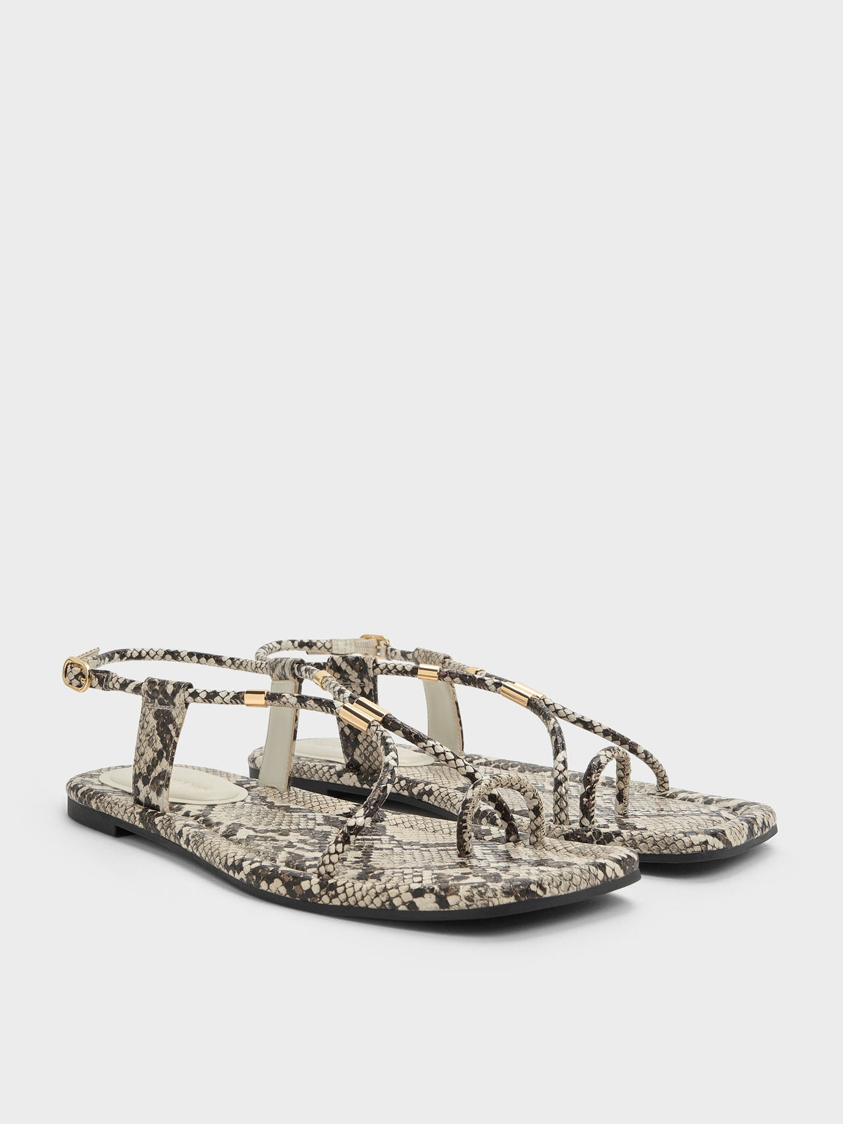 CHARLES & KEITH Special Offer / Snake-Print Metallic-Accent Toe-Ring Sandals - Animal Print Natural