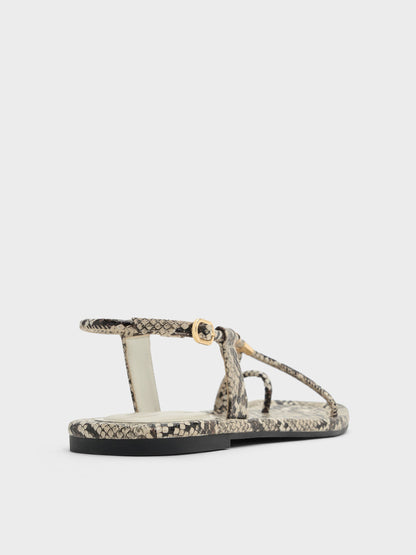 CHARLES & KEITH Special Offer / Snake-Print Metallic-Accent Toe-Ring Sandals - Animal Print Natural