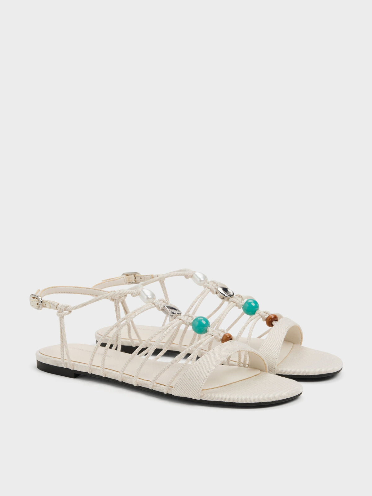 CHARLES & KEITH Latest / Georgie Linen Bead Strappy Sandals - Chalk