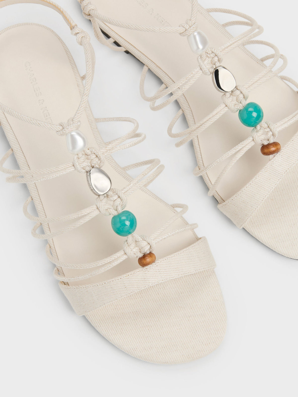 CHARLES & KEITH Latest / Georgie Linen Bead Strappy Sandals - Chalk