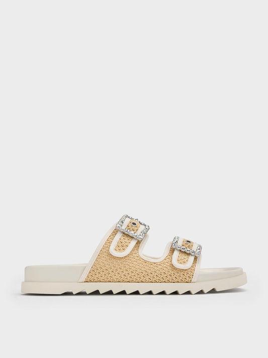 CHARLES & KEITH Popular / Raffia Gem-Buckle Double-Strap Sandals - Sand