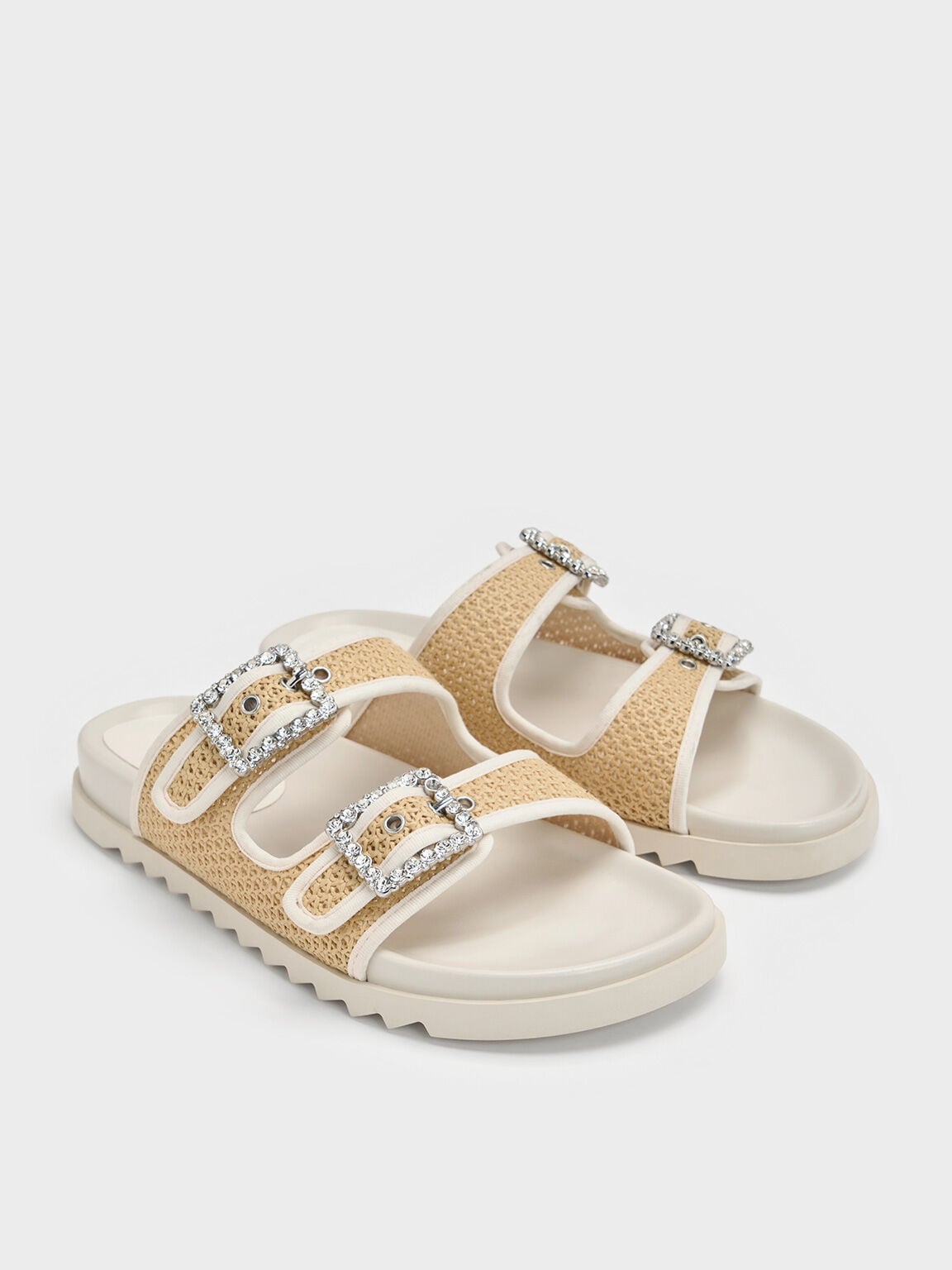 CHARLES & KEITH Popular / Raffia Gem-Buckle Double-Strap Sandals - Sand
