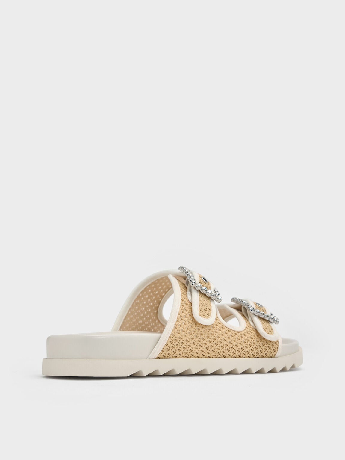 CHARLES & KEITH Popular / Raffia Gem-Buckle Double-Strap Sandals - Sand