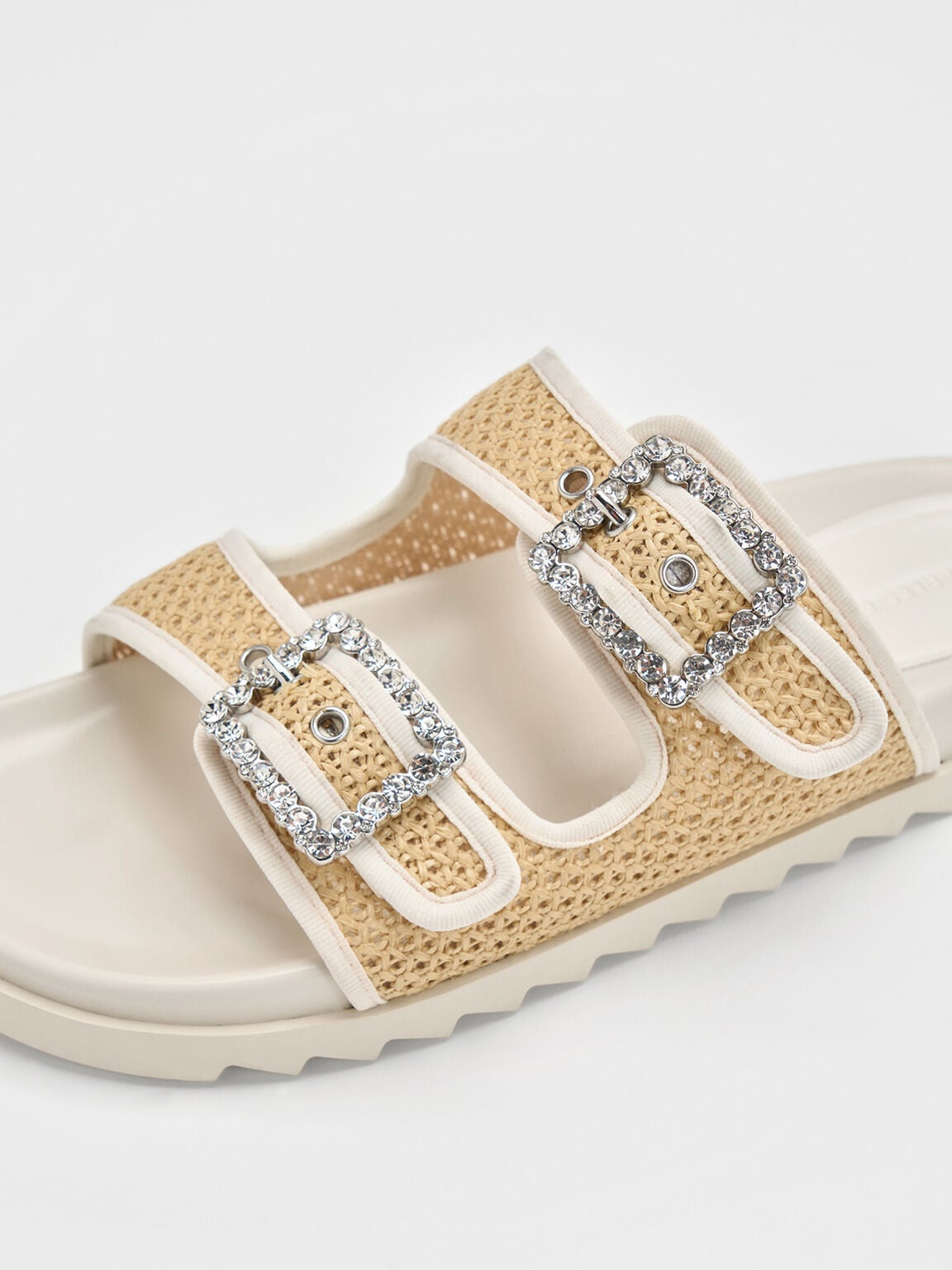 CHARLES & KEITH Popular / Raffia Gem-Buckle Double-Strap Sandals - Sand