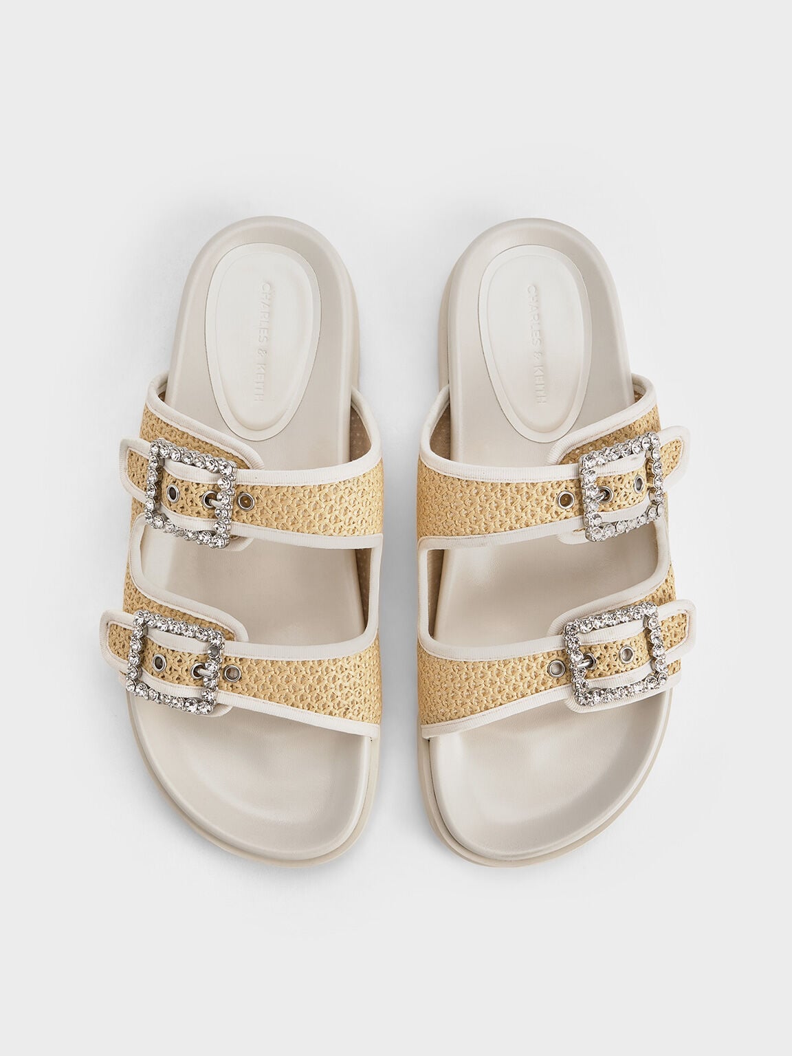 CHARLES & KEITH Popular / Raffia Gem-Buckle Double-Strap Sandals - Sand
