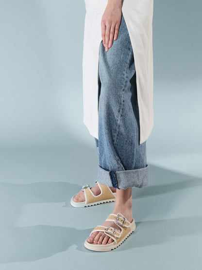 CHARLES & KEITH Popular / Raffia Gem-Buckle Double-Strap Sandals - Sand