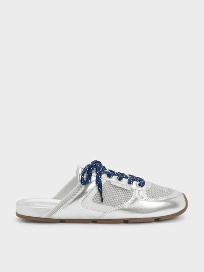 CHARLES & KEITH Great Value / Metallic Mesh Lace-Up Sneaker Mules - Silver