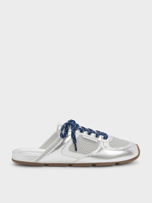 CHARLES & KEITH Great Value / Metallic Mesh Lace-Up Sneaker Mules - Silver