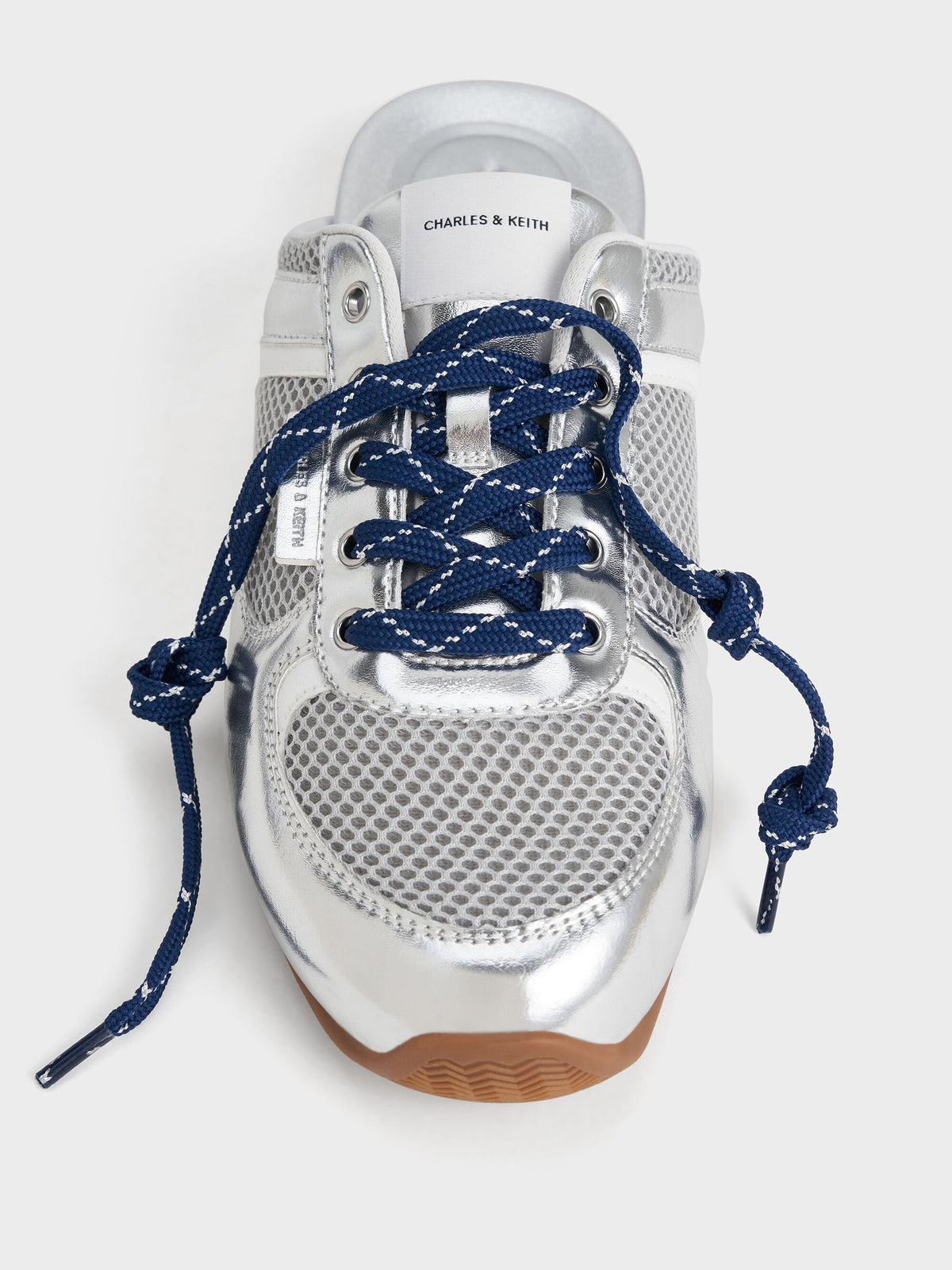 CHARLES & KEITH Great Value / Metallic Mesh Lace-Up Sneaker Mules - Silver