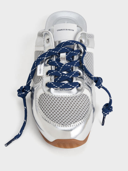 CHARLES & KEITH Great Value / Metallic Mesh Lace-Up Sneaker Mules - Silver