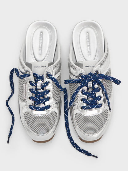 CHARLES & KEITH Great Value / Metallic Mesh Lace-Up Sneaker Mules - Silver