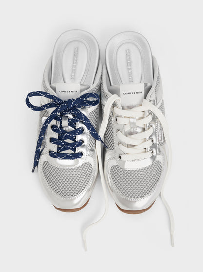CHARLES & KEITH Great Value / Metallic Mesh Lace-Up Sneaker Mules - Silver