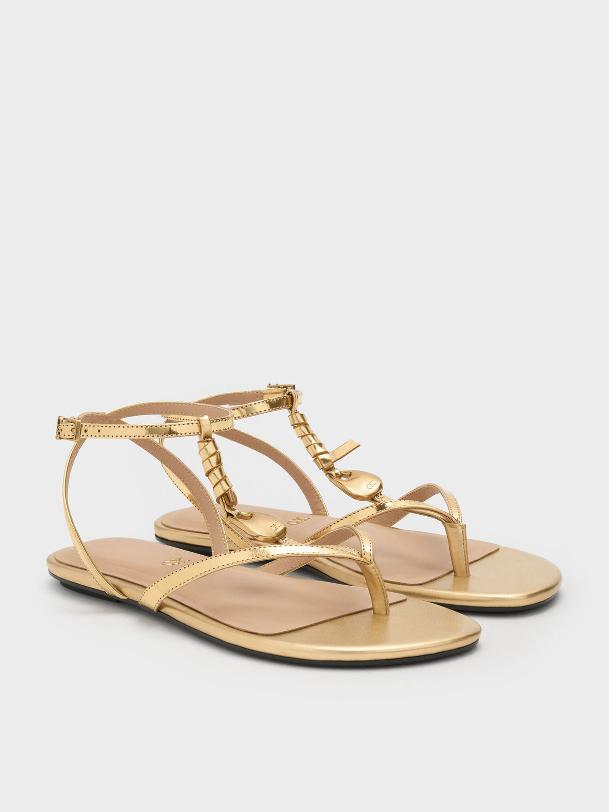 CHARLES & KEITH Everyday / Adema Metallic Leather Strappy Thong Sandals - Gold