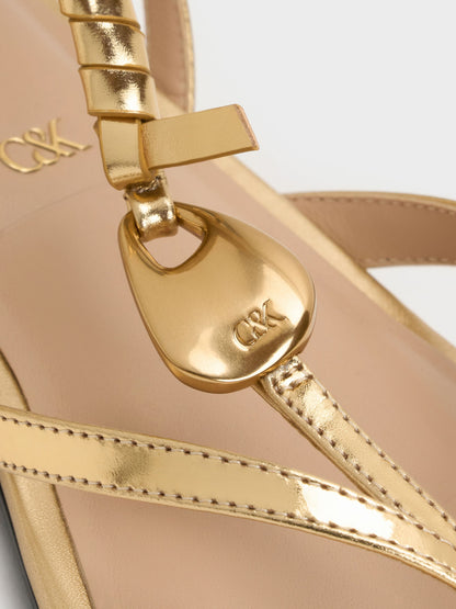 CHARLES & KEITH Everyday / Adema Metallic Leather Strappy Thong Sandals - Gold