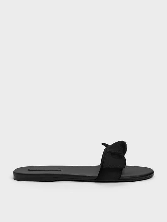 CHARLES & KEITH Classic / Anika Faux Suede Knot-Bow Slides - Black Textured