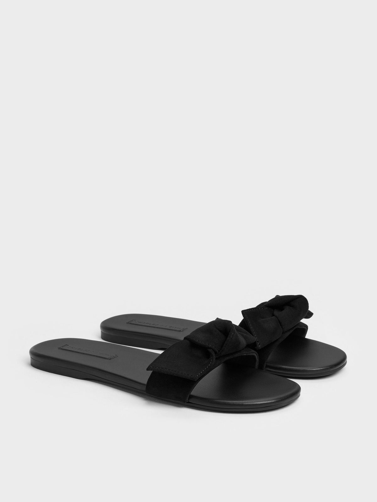 CHARLES & KEITH Classic / Anika Faux Suede Knot-Bow Slides - Black Textured