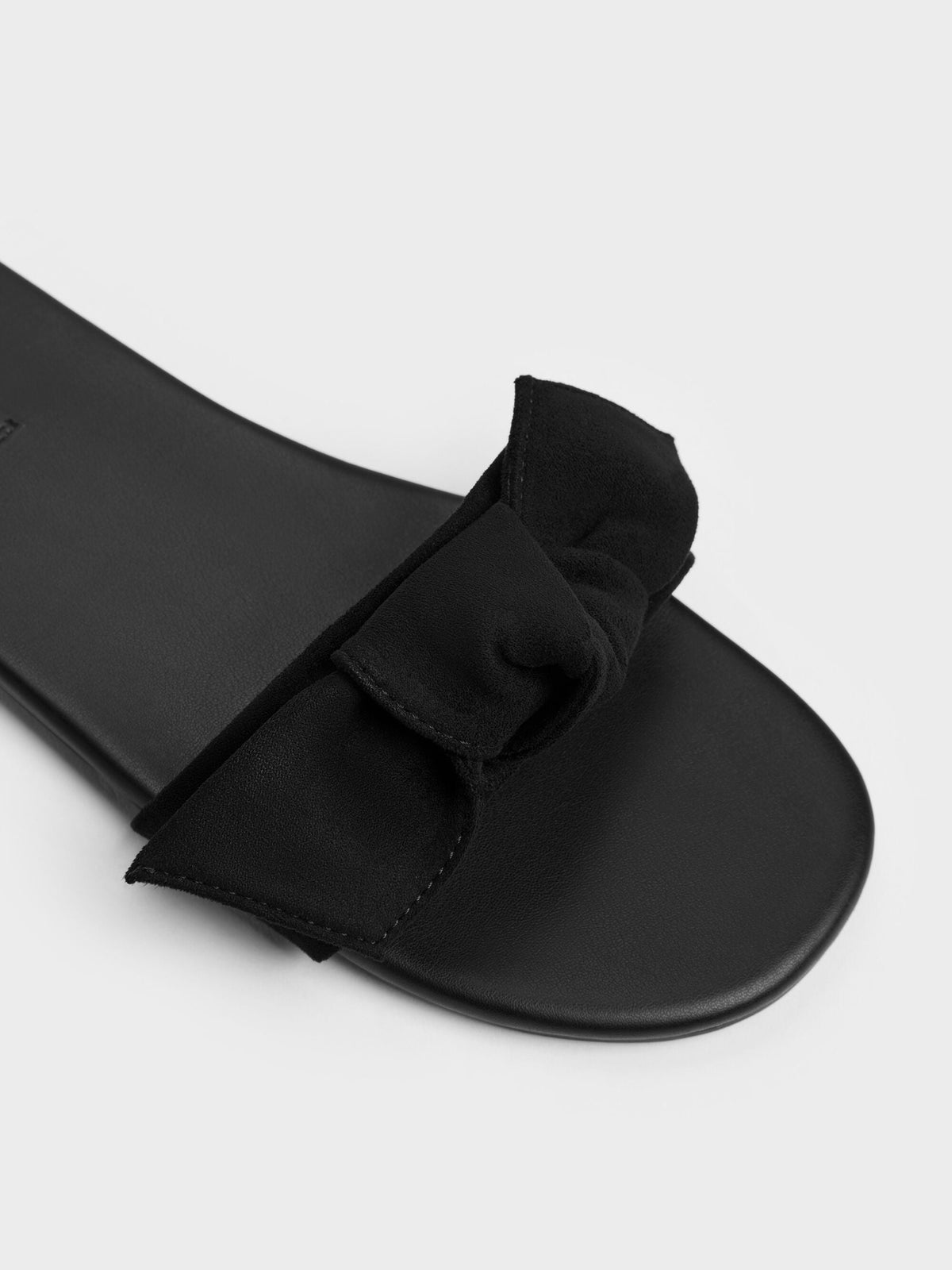 CHARLES & KEITH Classic / Anika Faux Suede Knot-Bow Slides - Black Textured