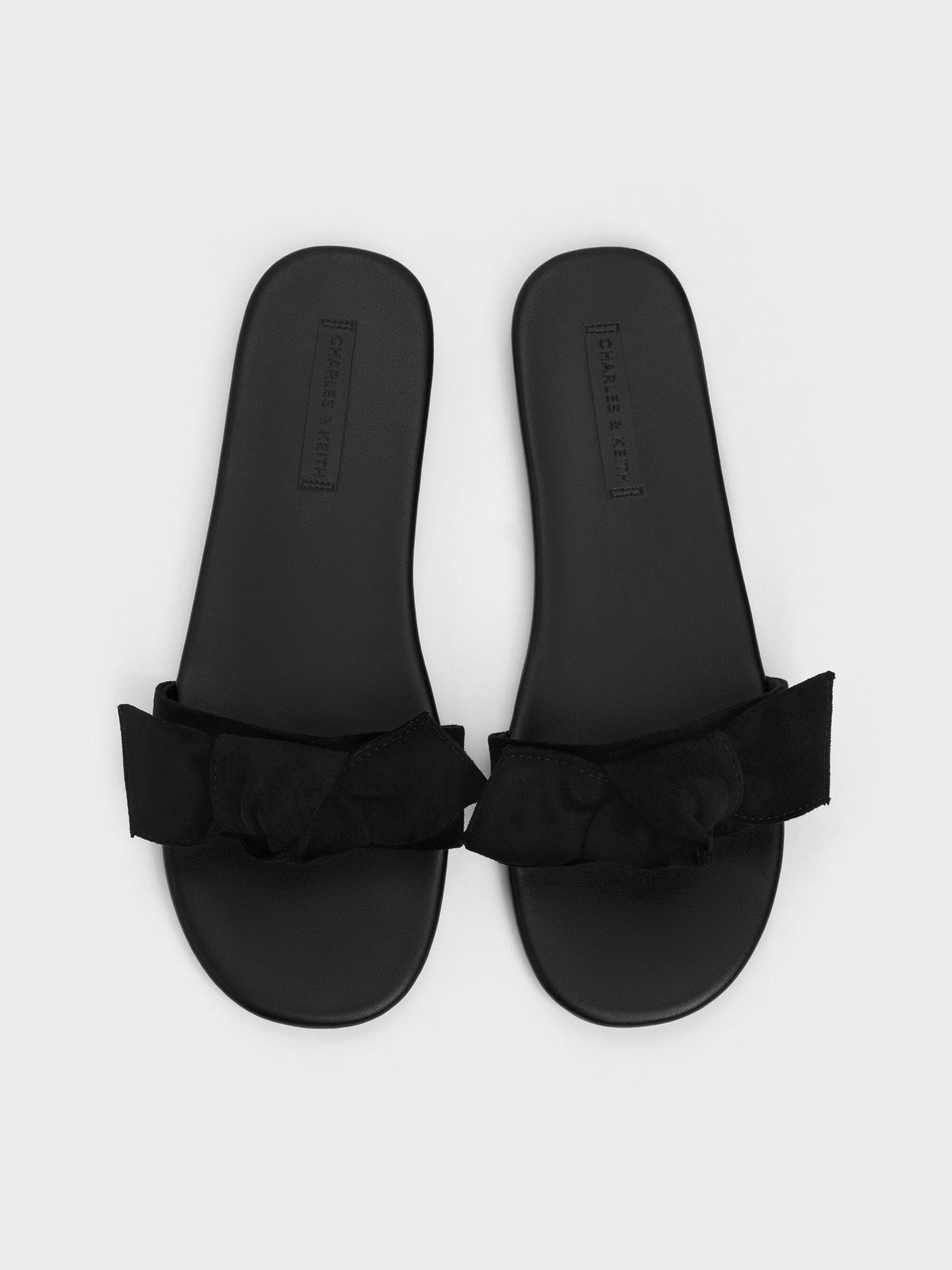 CHARLES & KEITH Classic / Anika Faux Suede Knot-Bow Slides - Black Textured