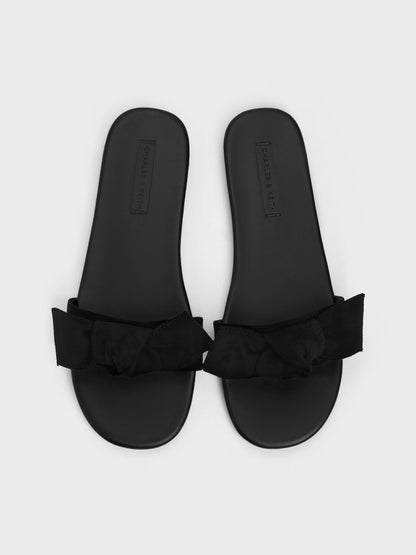 CHARLES & KEITH Classic / Anika Faux Suede Knot-Bow Slides - Black Textured