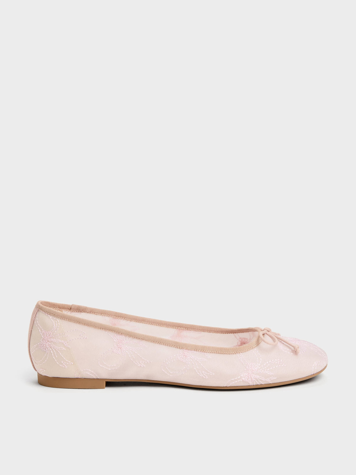CHARLES & KEITH Smart Buy / Embroidered-Mesh Bow Ballet Flats - Light Pink