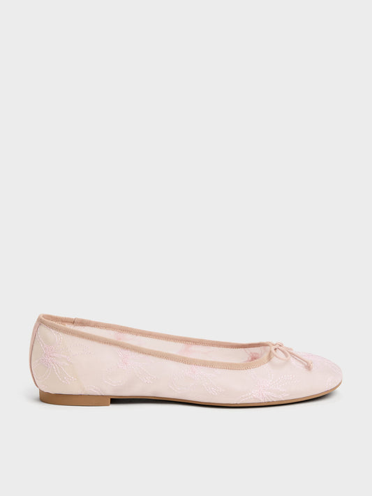 CHARLES & KEITH Smart Buy / Embroidered-Mesh Bow Ballet Flats - Light Pink