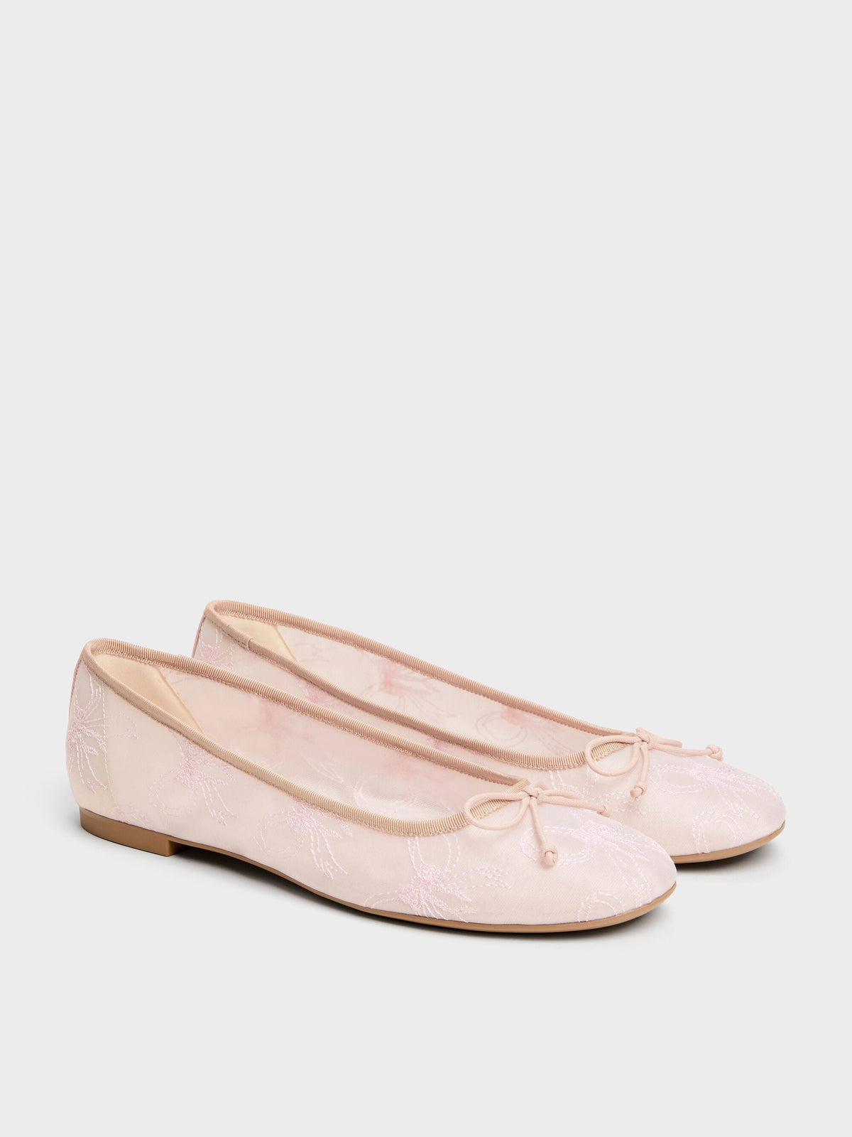 CHARLES & KEITH Smart Buy / Embroidered-Mesh Bow Ballet Flats - Light Pink