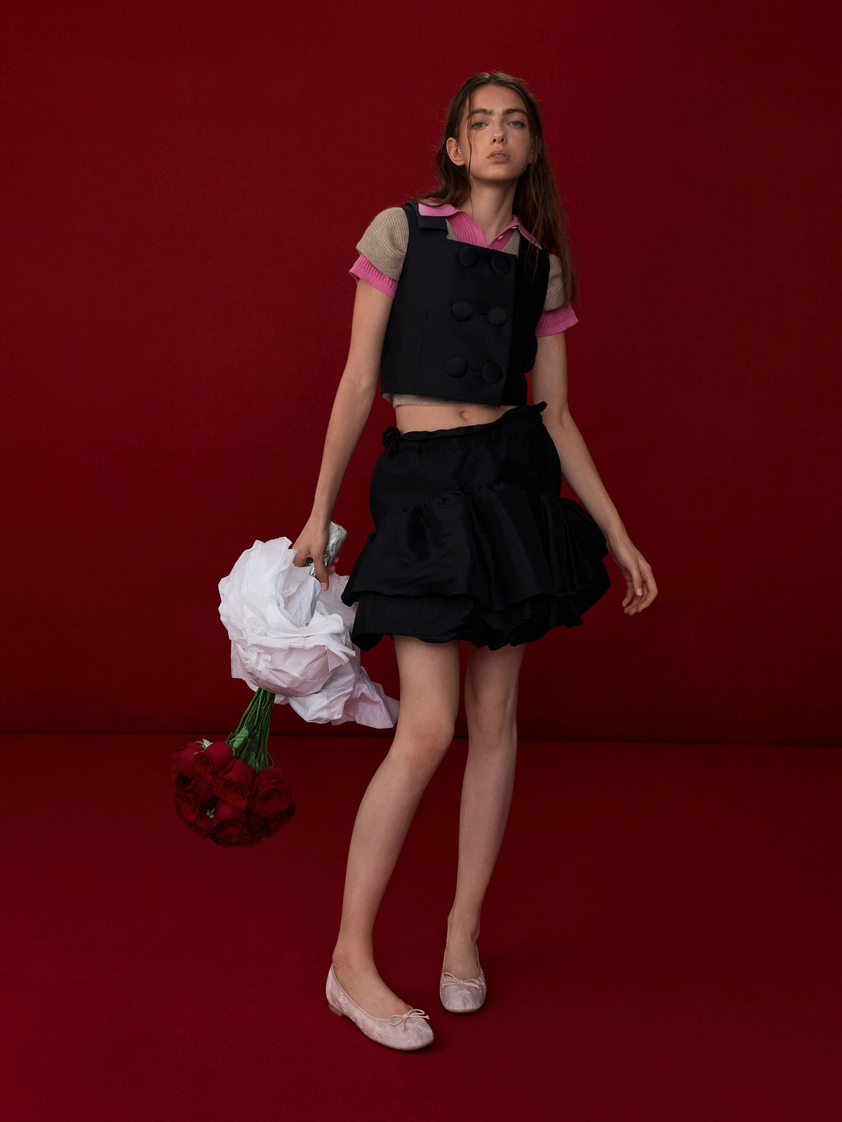 CHARLES & KEITH Smart Buy / Embroidered-Mesh Bow Ballet Flats - Light Pink