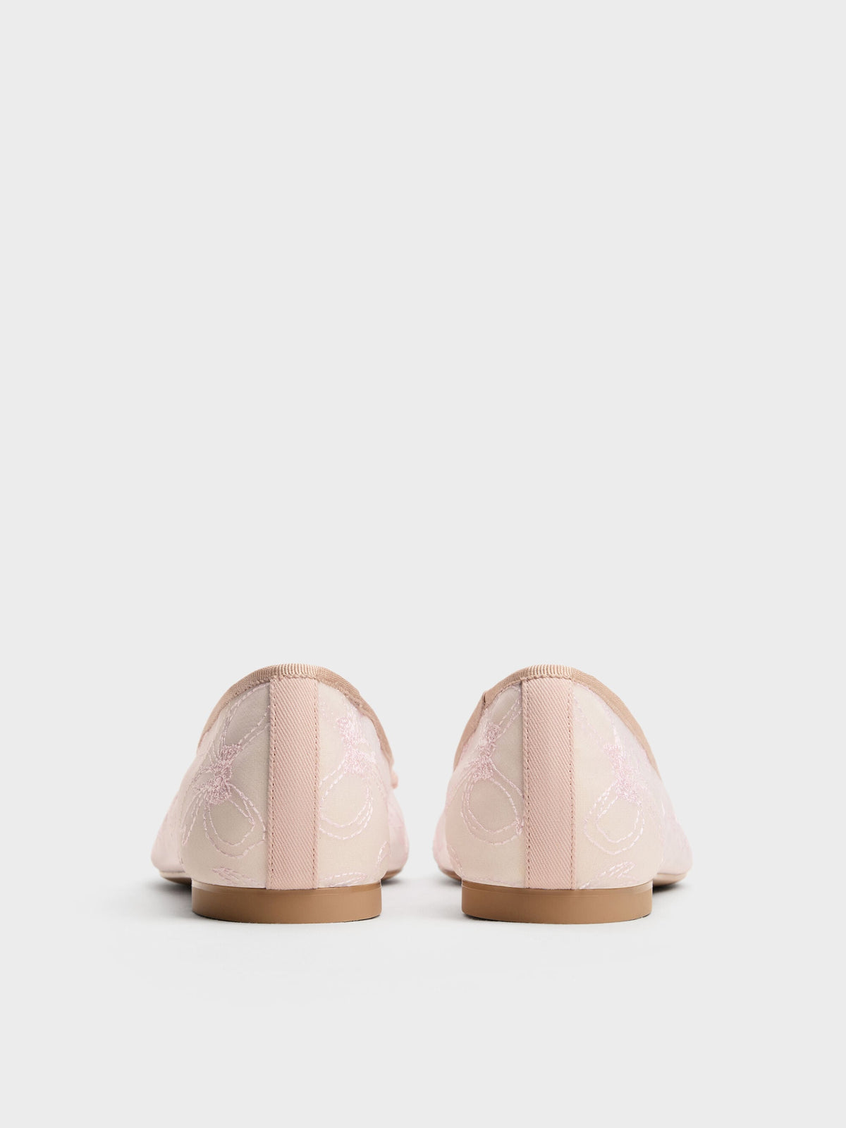 CHARLES & KEITH Smart Buy / Embroidered-Mesh Bow Ballet Flats - Light Pink