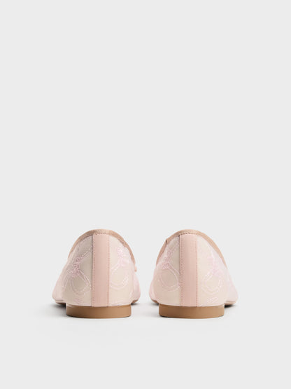 CHARLES & KEITH Smart Buy / Embroidered-Mesh Bow Ballet Flats - Light Pink