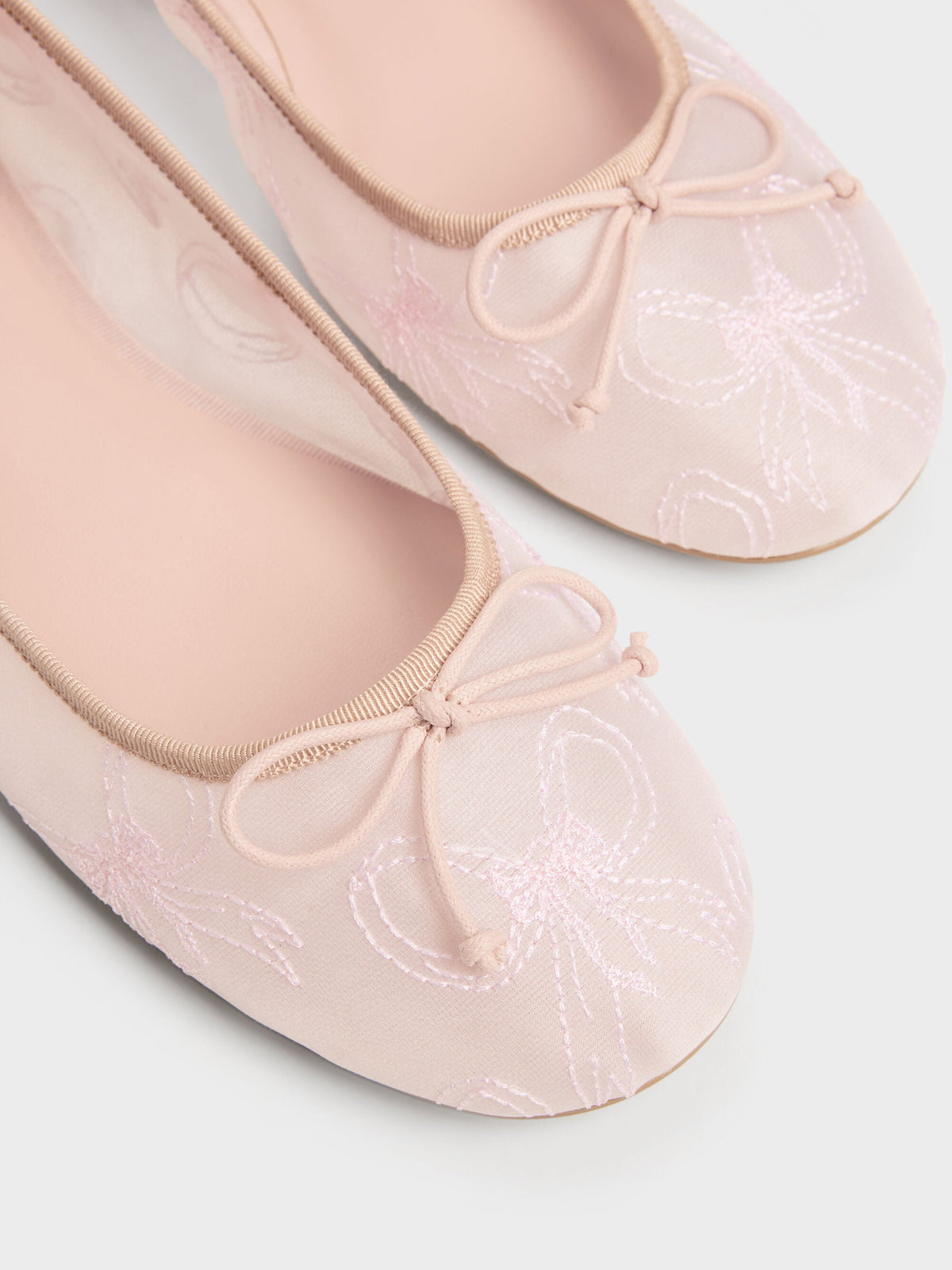 CHARLES & KEITH Smart Buy / Embroidered-Mesh Bow Ballet Flats - Light Pink