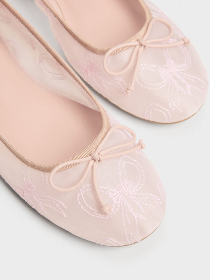 CHARLES & KEITH Smart Buy / Embroidered-Mesh Bow Ballet Flats - Light Pink
