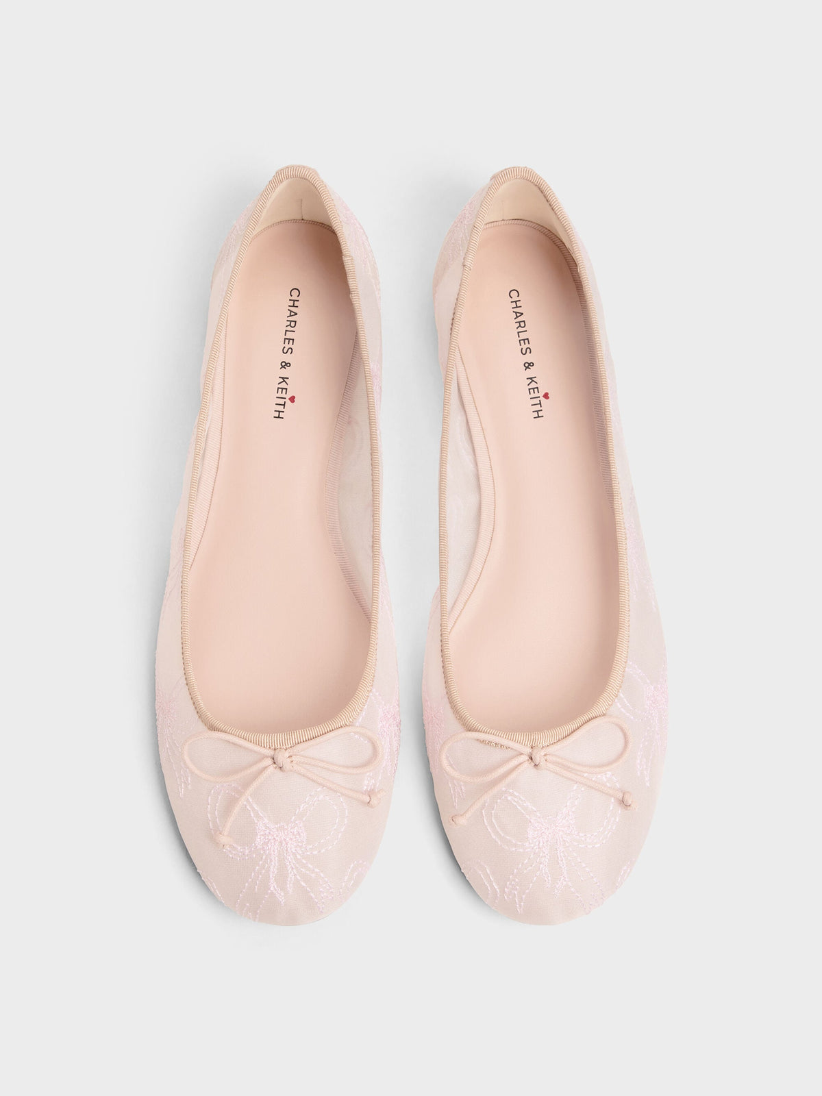 CHARLES & KEITH Smart Buy / Embroidered-Mesh Bow Ballet Flats - Light Pink