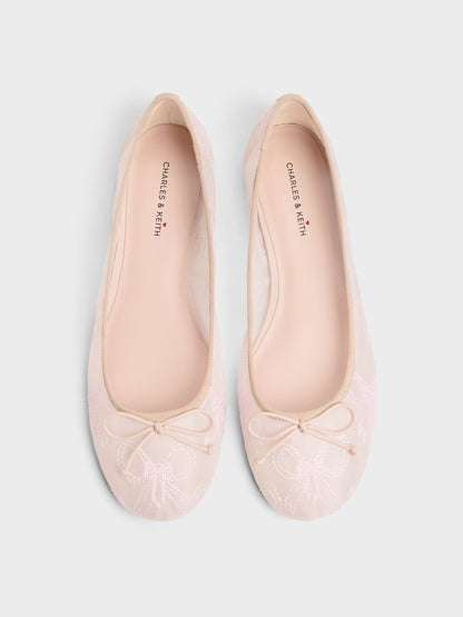 CHARLES & KEITH Smart Buy / Embroidered-Mesh Bow Ballet Flats - Light Pink